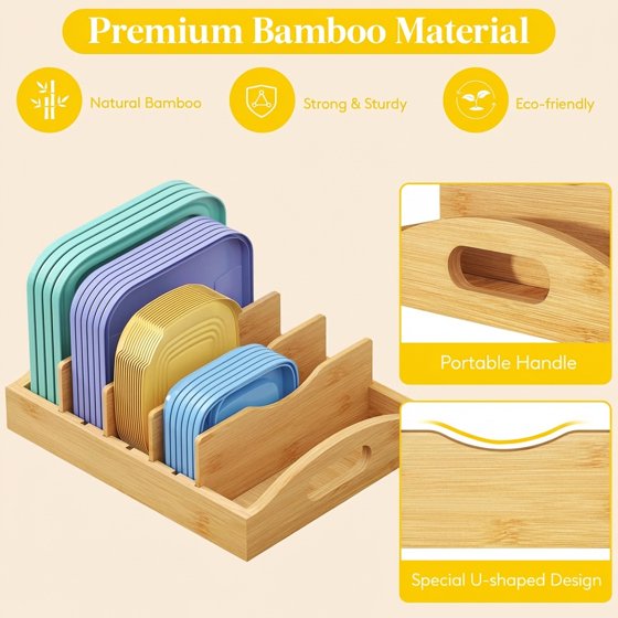Norcho Bamboo Lid Organizer for Cabinet, Adjustable Food Storage Container Lid Holder with 4 Inserts and 5 Compartments, 10.6" x 8.3" for Kitchen Pantry Organization