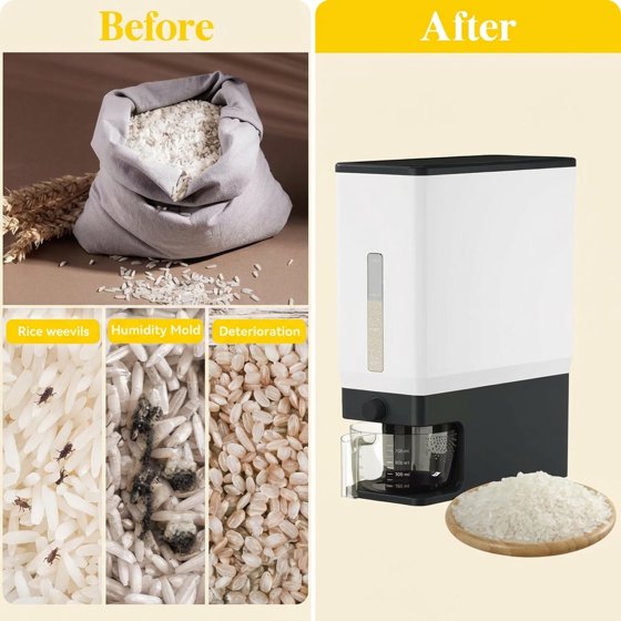 Norcho Rice Dispenser, 25 lb (11.3 kg) Sealed Rice Storage Container with Measuring Cup, Moisture Proof, Kitchen Pantry, Black