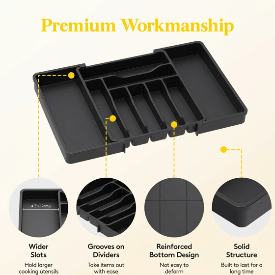 Norcho Expandable Utensil Organizer Drawer, Adjustable Cooking Silverware Tray, Plastic Spatula Tools Divider 13-22.4"x15" Black