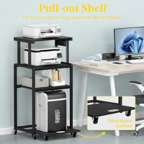 Norcho 4 Tier Printer Stand with 3 Power Outlets, Wheels & Adjustable Storage Shelf, Rolling Printer Cart for Home Office, Shredder, Scanner & Fax Machine, Holds up to 340 lbs, Black