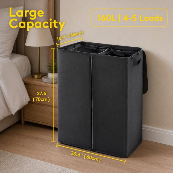 Norcho 160L Double Laundry Hamper with Lid, Divided Laundry Basket with Removable Bags and Handles, Large Separated Clothes Basket, Black