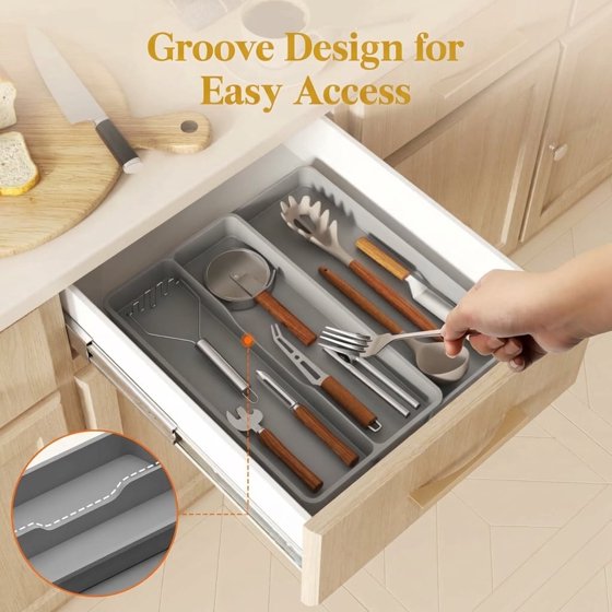 Norcho Utensil Organizer for Kitchen Drawer, Expandable Cooking Silverware Tray, Adjustable Plastic Cutlery and Flatware Holder, Spatula and Tool Storage Divider, 14.4 × 15.8 Inches, Gray