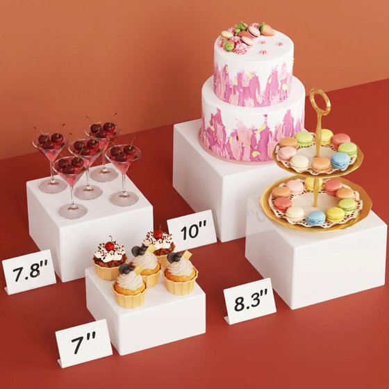 Norcho Plastic Buffet Risers Set of 4, White Food Display Stands for Buffet Table, 7" 7.8" 8.3" 10" Nesting Cube Dessert Cake Holders for Party, Jewelry and Collectibles Display