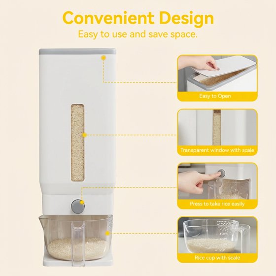 Norcho Rice Dispenser, 25 lb (11.3 kg) Sealed Rice Storage Container with Measuring Cup, Moisture Proof, Kitchen Pantry, White