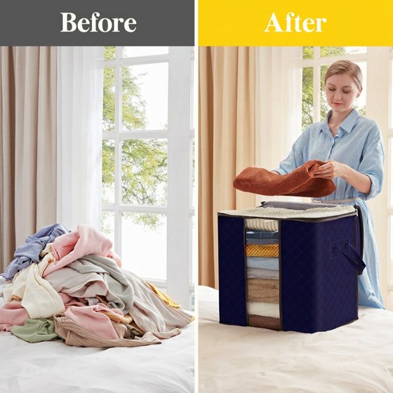 Norcho 90L Clothes Storage Bag with Reinforced Handle, Sturdy Zipper Clear Window, Foldable for Comforters Blankets, 6 Pack Blue