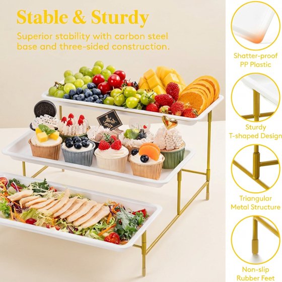 Norcho 3 Tier Serving Tray, White Plastic Tiered Food Serving Platters with Collapsible Gold Metal Stand, 14" x 6.5"