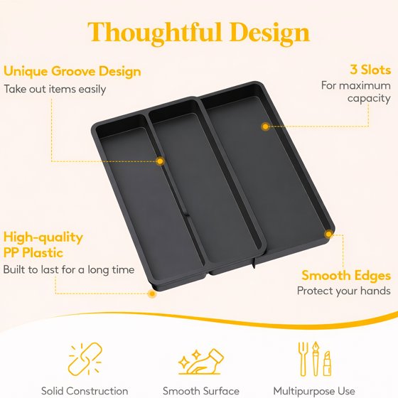 Norcho Utensil Organizer for Kitchen Drawer, Expandable Cooking Silverware Tray, Adjustable Plastic Cutlery and Flatware Holder, Spatula and Tool Storage Divider, 14.4 × 15.8 Inches, Black