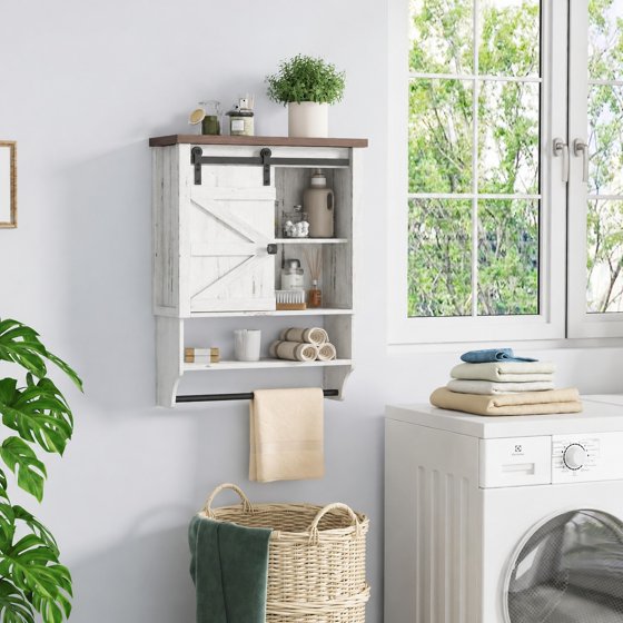 Norcho Farmhouse Bathroom Wall Cabinet with Sliding Barn Door, Medicine Cabinet with Adjustable Shelf and Towel Hook, Wall Mounted Storage Cabinet for Bathroom, Kitchen, Laundry Room