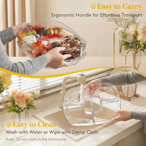 Norcho Chilled Serving Tray for Parties, 15-Inch Divided Shrimp Cocktail Serving Dish with Lid, Plastic Taco and Ice Serving Platter for Veggies, Fruit, Salad, and Buffet Use