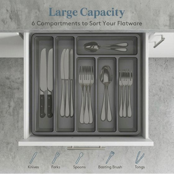 Norcho Silverware Organizer with Lid, Covered Utensil Tray for Kitchen Drawer and Countertop, 12.6 x 11.8", Plastic Cutlery and Flatware Holder, Gray