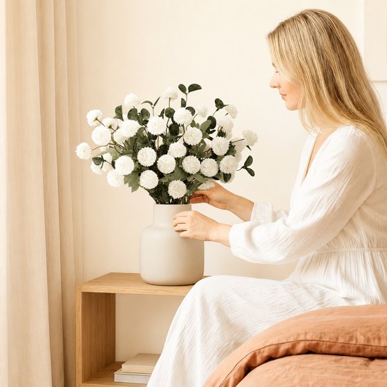 Norcho White Artificial Flower for Vase, 10 Pcs Faux Silk Mum Balls + 2 Eucalyptus Stems, Fake Small Kiku for Floral Arrangement, Pom Pom Centerpiece
