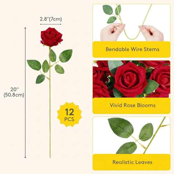 Norcho 12 Pcs Red Artificial Roses Bulk, Fake Long Stem Silk Flowers for DIY Wedding Bouquets Centerpieces Valentine Decor