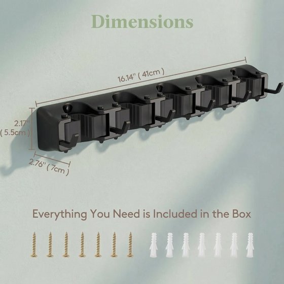 Norcho Wall Mount Mop Broom Holder, Anti-Slip Hanger 5 Slots 6 Hooks Holds 30lbs, Garage Closet Kitchen, Black 1 Pack