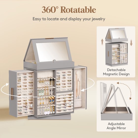 360° Rotating Jewelry Box with Mirror, Top Magnetic Storage Box Jewelry Organizer Case for Rings, Necklaces, Earrings, Bracelets, Mother’s Day Gift Idea