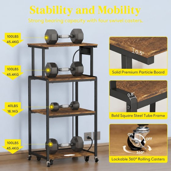 Norcho 4 Tier Printer Stand with 3 Power Outlets, Wheels & Adjustable Storage Shelf, Rolling Printer Cart for Home Office, Shredder, Scanner & Fax Machine, Holds up to 340 lbs, Brown