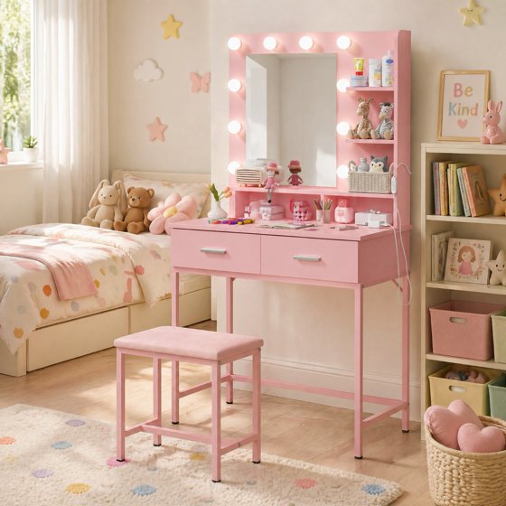 Norcho Vanity Desk Set with Mirror and Lights, Makeup Dressing Table with 2 Drawers & Chair, 3 Lighting Modes Adjustable Brightness, Wooden Top & Iron Frame for Bedroom, Pink