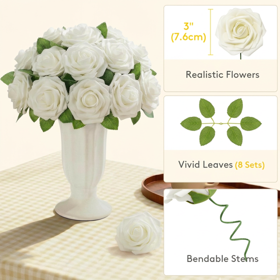 Norcho 50 Pcs Ivory Foam Roses Artificial Flowers Stems, Real Looking Fake for DIY Wedding Bouquets Centerpieces Valentine Decor