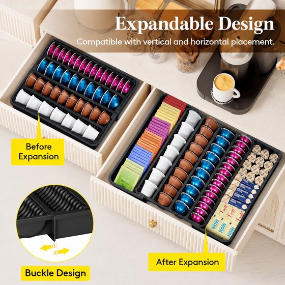 Norcho Coffee Pod Holder Drawer Organizer, Expandable Coffee Pod Storage Drawer for K-Cup, Nespresso OriginalLine & VertuoLine Capsules, Tea Bag and Bar Organizer Insert