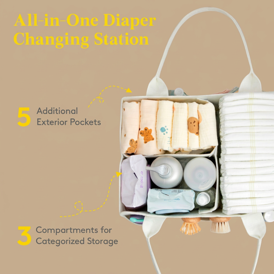 Norcho Felt Diaper Caddy with Handle, Portable Baby Storage Basket Detachable Divider Beige 13x9.1x7.1"