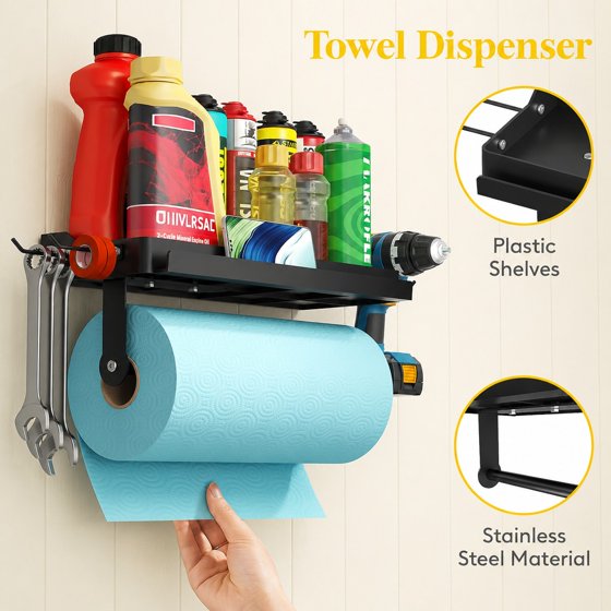 Norcho Garage Paper Towel Holder with Shelf, Wall Mount Shop Towel Holder Rack with 4 Hooks and Phone Stand, Adhesive or Screw Mount for Clean Station, Craft Room, Workshop
