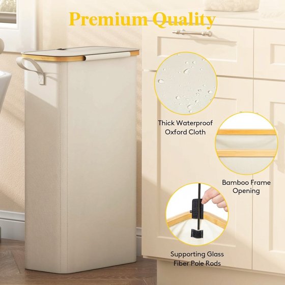 Norcho 65L Slim Laundry Hamper with Lid, Narrow Collapsible Laundry Basket with Removable Bag and Bamboo Handles, White