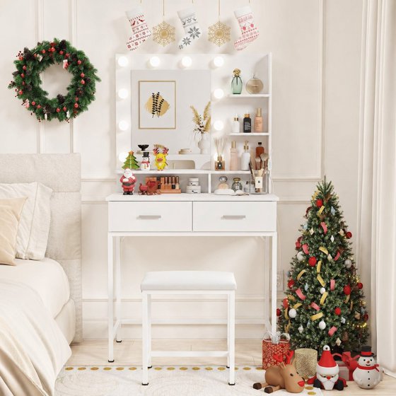 Norcho Vanity Desk Set with Mirror and Lights, Makeup Dressing Table with 2 Drawers & Chair, 3 Lighting Modes Adjustable Brightness, Wooden Top & Iron Frame for Bedroom, White