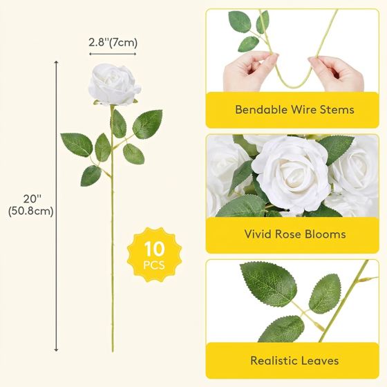 Norcho 10 Pcs White Artificial Roses Bulk, Fake Long Stem Silk Flowers for DIY Wedding Bouquets Centerpieces Valentine Decor