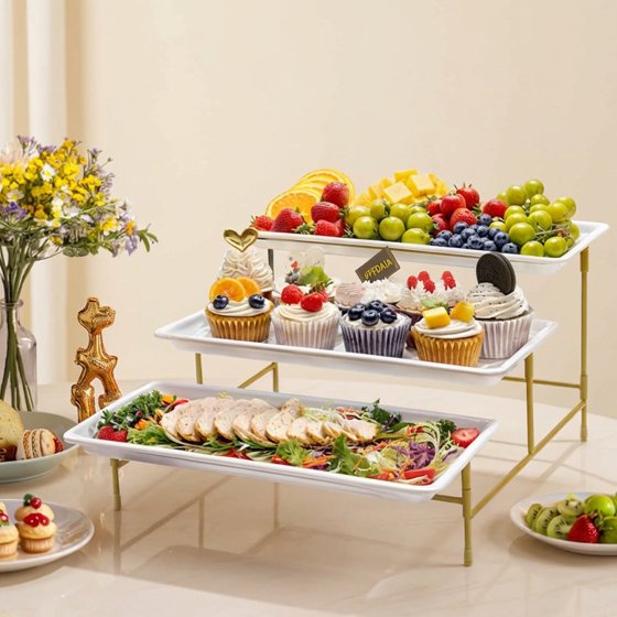 Norcho 3 Tier Serving Tray, White Plastic Tiered Food Serving Platters with Collapsible Gold Metal Stand, 14" x 6.5"