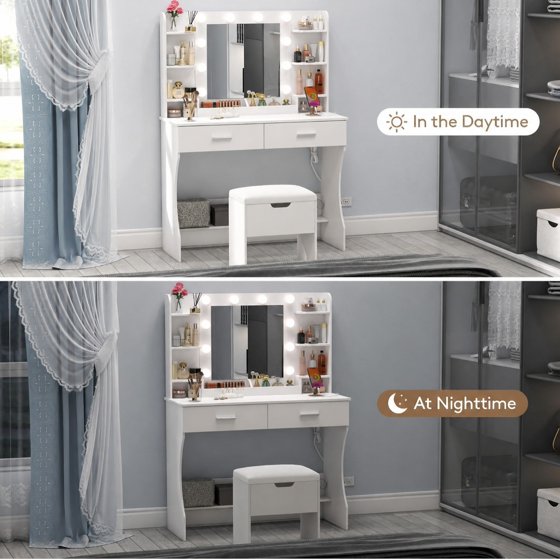 Norcho Vanity with Mirror and Bulbs Lights, Adjustable Color & Brightness, 2 Power Outlets & 2 USB Ports, White Makeup Desk with Storage Stool, 8 Open Shelves, 2 Drawers & Bottom Shelf