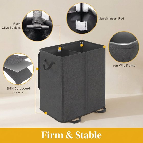 Norcho Double Laundry Hamper with Lid and Removable Bags, Large Collapsible 2-Divider Laundry Basket with Handles, 155L, Black