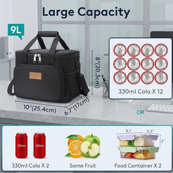 Norcho Large Insulated Lunch Bag Cooler Tote for Adults, Soft Lunch Box for Men and Women, 12-Can (9L), Black