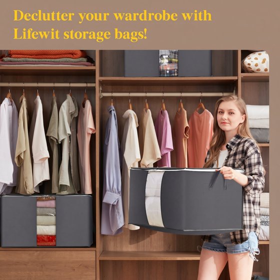 Norcho 5 Pack Collapsible Clothes Storage Bags with Lids Zips Clear Window, Gray 21.9x14x12.6"