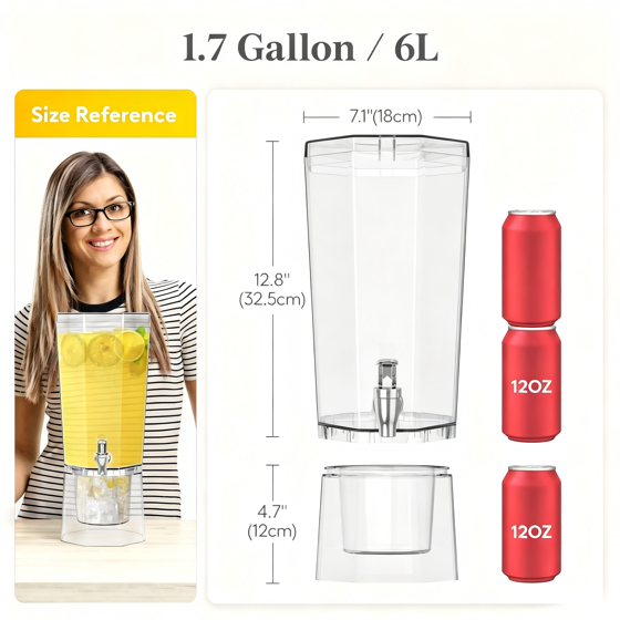 Norcho 1.7 Gallon Drink Dispenser with Stand, 6L Clear Beverage Dispenser with Spigot for Parties, Plastic Juice Container for Tea, Soda, Lemonade, Water & Mimosa Bar