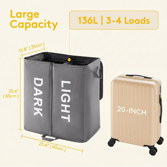 Norcho 136L Double Laundry Hamper with Lid, Large Divided Laundry Basket with Removable Bags, Collapsible 2-Section Hamper with Handles, Gray