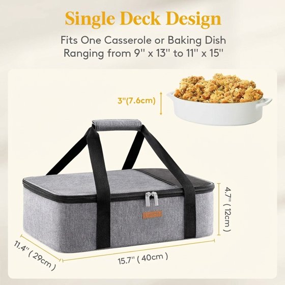 Norcho Insulated Casserole Carrier Keeps Food Hot Cold, Thermal Tote Fits 9x13" Baking Dish, Grey