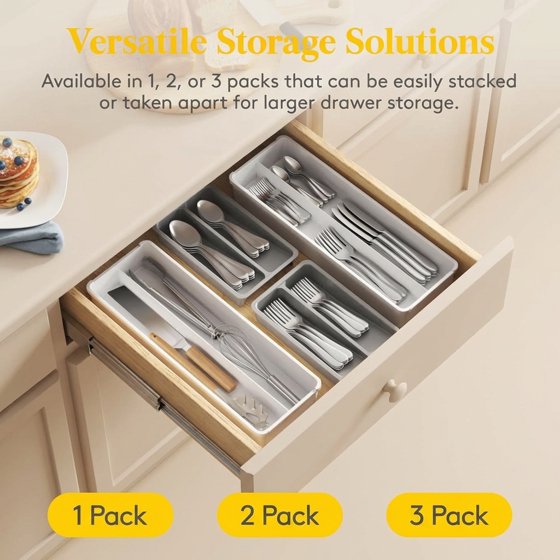 Norcho Compact Silverware Organizer for Kitchen Drawer, Narrow Flatware Tray Holder for Spoons, Forks, and Knives, White & Gray