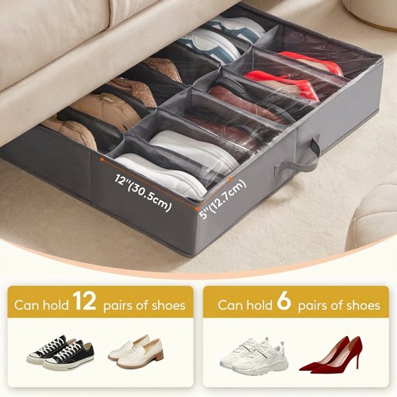 Norcho Under Bed Shoe Storage Organizer, Set of 2 Low-Profile Fabric Boxes with Clear Cover and Handles, 4.3" Tall, Fits 24 Pairs of Shoes