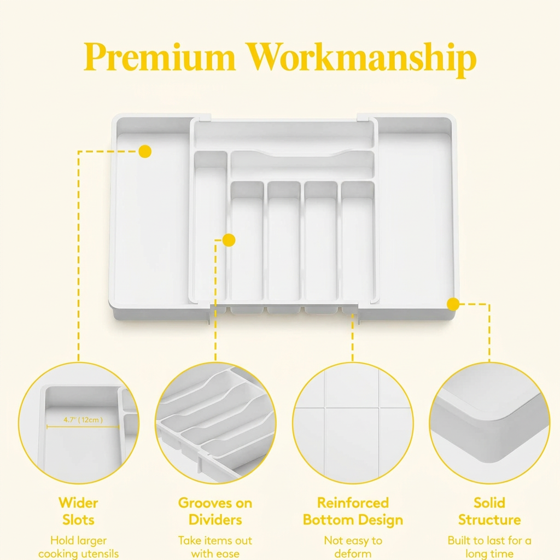 Norcho Expandable Utensil Organizer Drawer, Adjustable Cooking Silverware Tray, Plastic Spatula Tools Divider 13-22.4"x15" White
