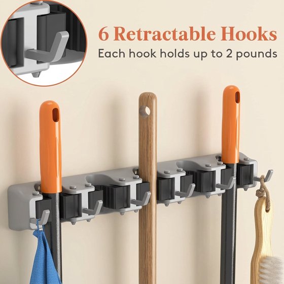 Norcho Wall Mount Mop Broom Holder, Anti-Slip Hanger 5 Slots 6 Hooks Holds 30lbs, Garage Closet Kitchen, Gray 1 Pack