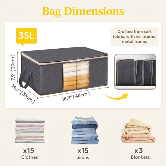 Norcho 6 Pack Clothes Storage Bag Foldable Bin with Reinforced Handle, Clear Window, Sturdy Fabric for Clothing Bedding, Gray