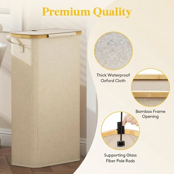 Norcho 65L Slim Laundry Hamper with Lid, Narrow Collapsible Laundry Basket with Removable Bag and Bamboo Handles, Beige