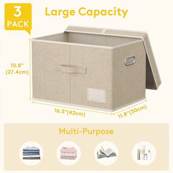 Norcho 34.5L Fabric Storage Bins with Lids Handles, Foldable Decorative Stackable Closet Organizer Beige, 3 Pack