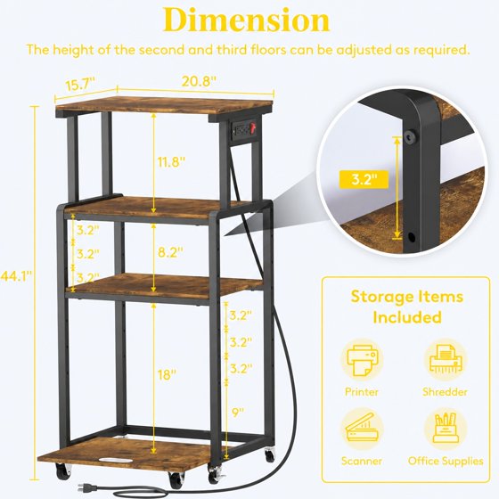 Norcho 4 Tier Printer Stand with 3 Power Outlets, Wheels & Adjustable Storage Shelf, Rolling Printer Cart for Home Office, Shredder, Scanner & Fax Machine, Holds up to 340 lbs, Brown