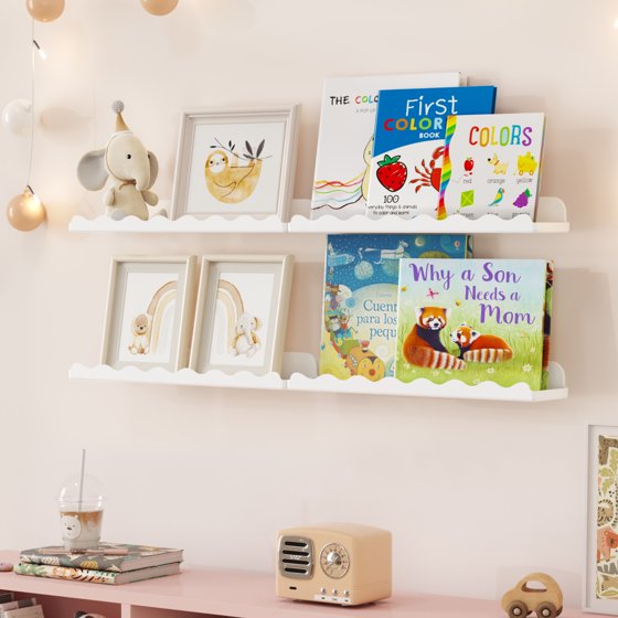 Floating Book Shelves 6 Pack, 15"×3.4" White Cloud Plastic Wall Shelf for Kids Bedroom, Hanging Bookshelf Rack for Baby, Toddler, Children Room Decor, Mother’s Day Gift Idea