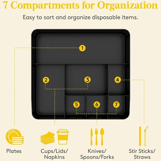 Norcho Paper Plate Organizer and Plastic Silverware Caddy for Kitchen Countertop, 7-Compartment Utensil Holder and Cutlery Dispenser Box