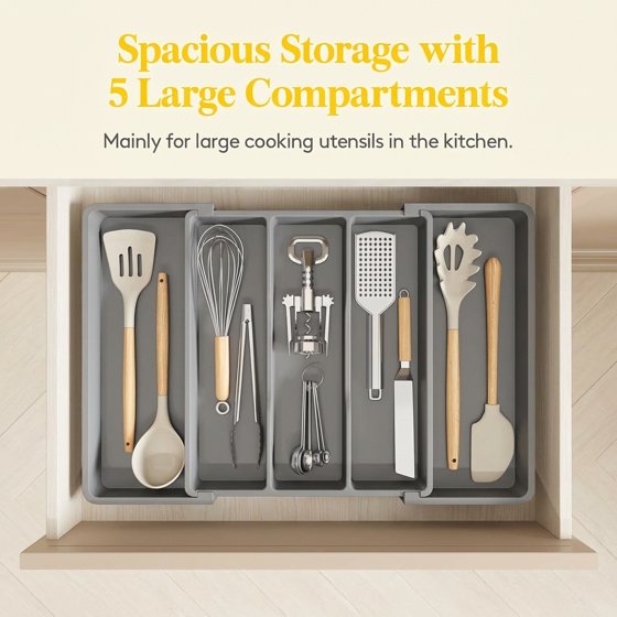 Norcho Utensil Organizer for Kitchen Drawers, Expandable Cooking Utensil Tray, Adjustable Cutlery and Silverware Holder, 13–22 x 15", Gray