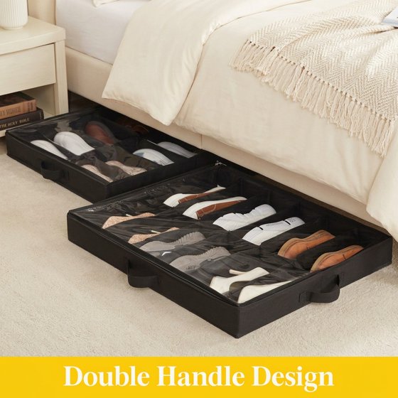 Norcho Under Bed Shoe Organizer Set of 2, 4.3" Tall Fabric Container with Clear Cover Fits 24 Pairs, Black