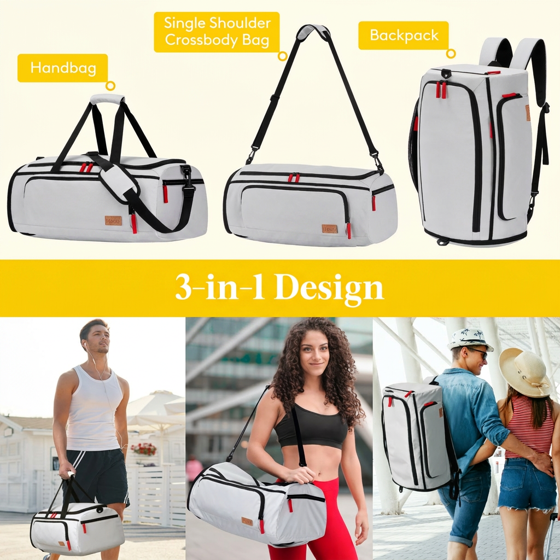 Norcho 40L Gym Duffel Bag with Shoe Pocket, 3-in-1 Waterproof Travel Weekender Backpack Dry Wet Separation, Silver Gray