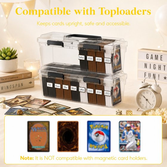 Norcho Trading Card Storage Box for Toploader, Stackable Reinforced Latch Case with 8 Adjustable Dividers, Writable Labels, Organizer for MTG TCG Sports Baseball Cards, 2 Pack