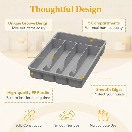 Norcho Silverware Organizer with Lid, Covered Utensil Tray for Kitchen Drawer and Countertop, Plastic Cutlery and Flatware Holder, Gray